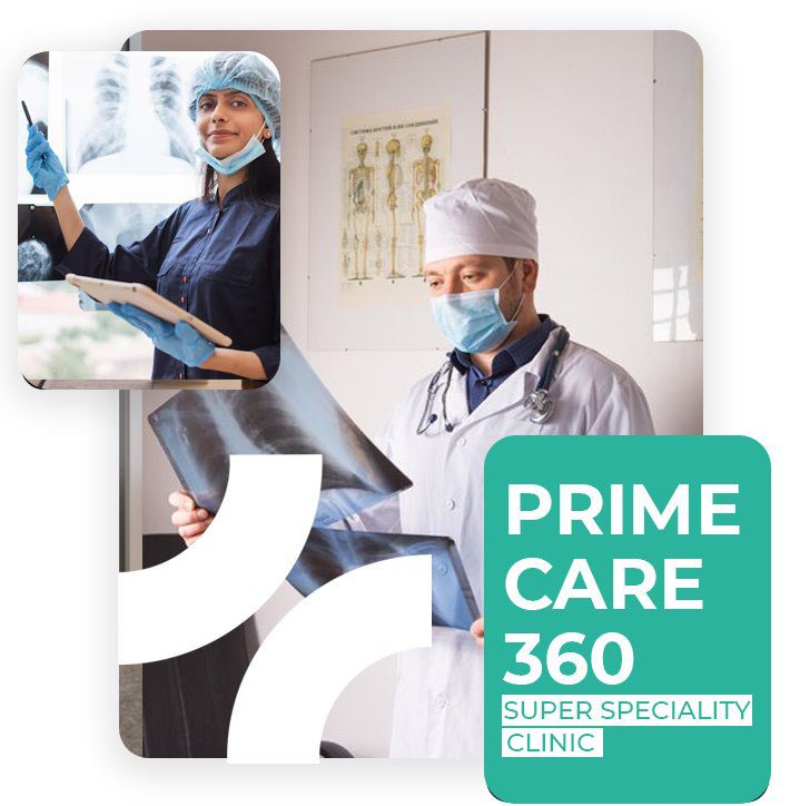 Doctors reviewing X-ray and medical reports at Prime Care 360 clinic